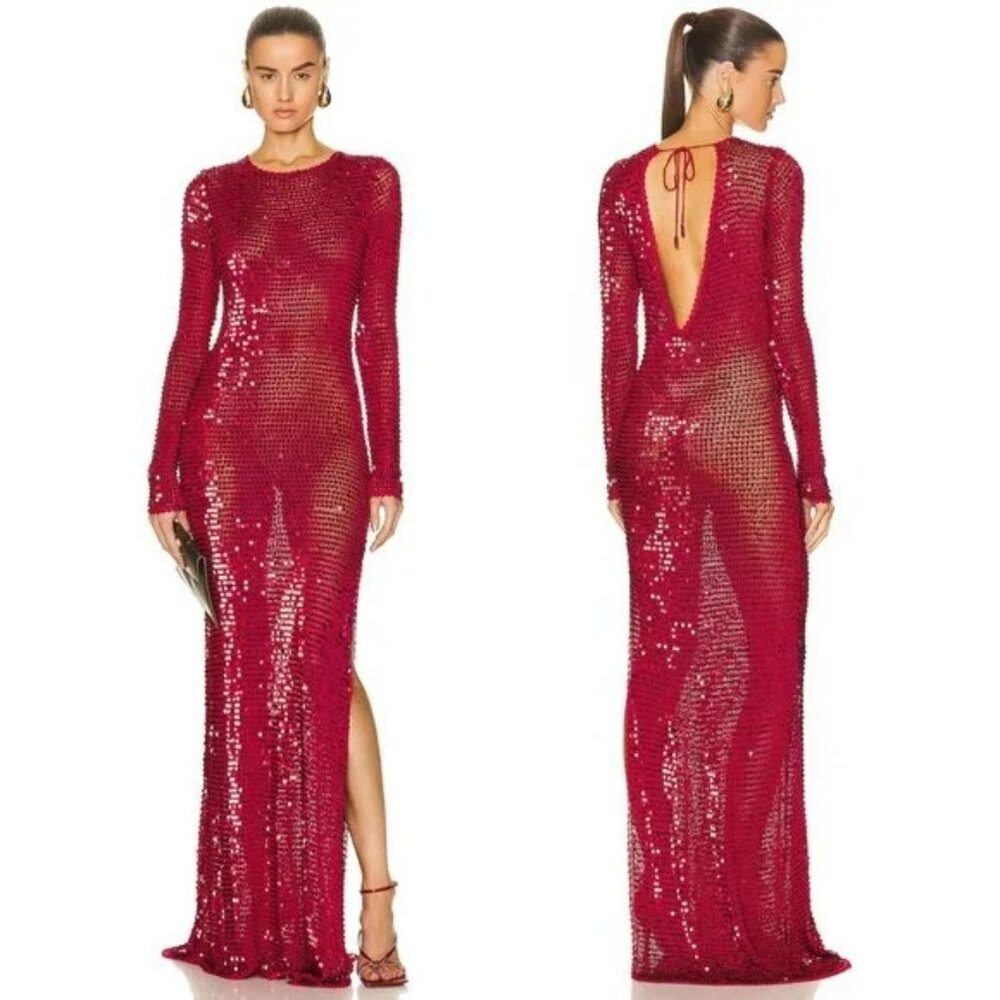 Retrofete Alexa Dress in Red sequins long sleeve backless maxi mesh fishnet